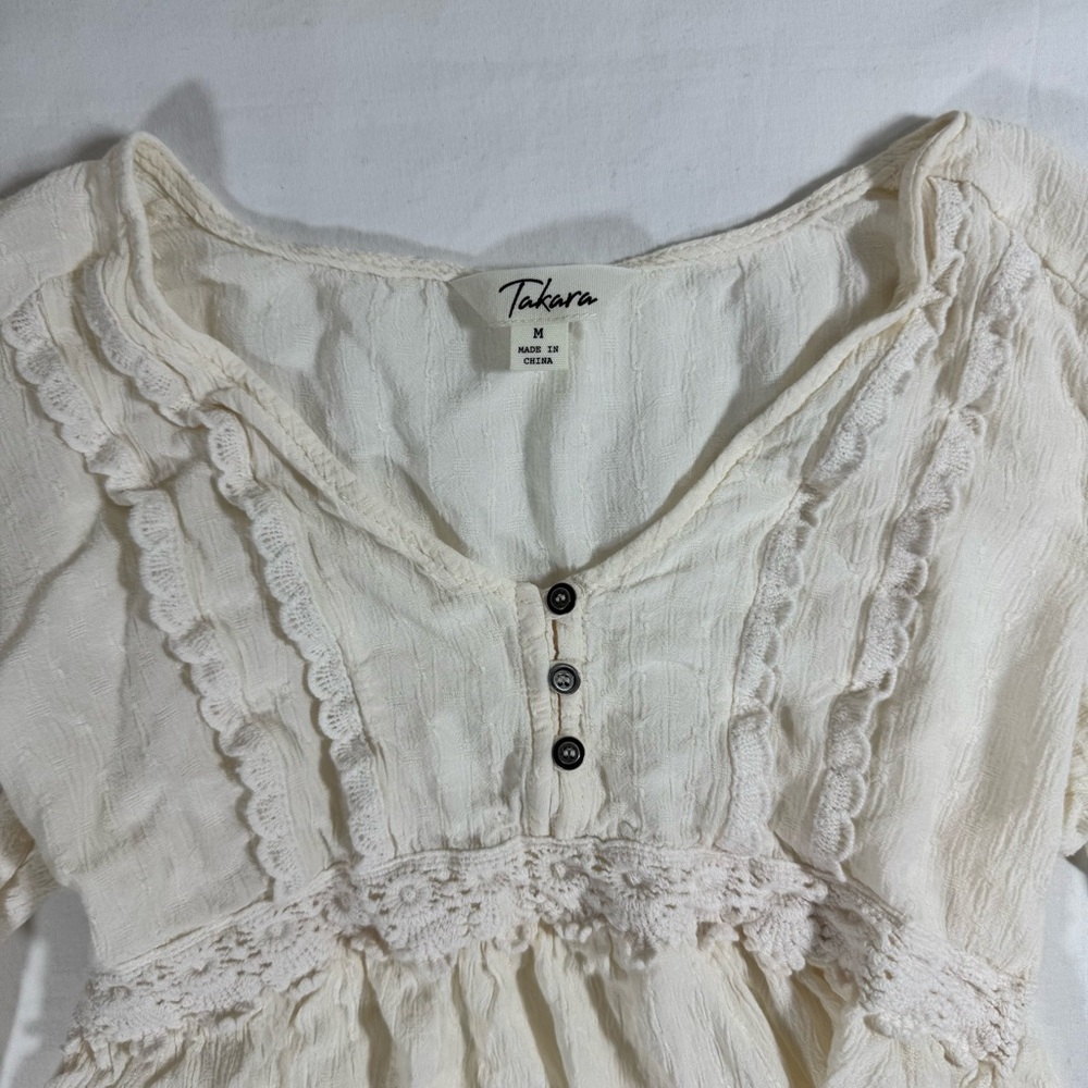Takara Cream Babydoll Textured‎ Women's Blouse Long Sleeve Size Medium - Picture 2 of 10